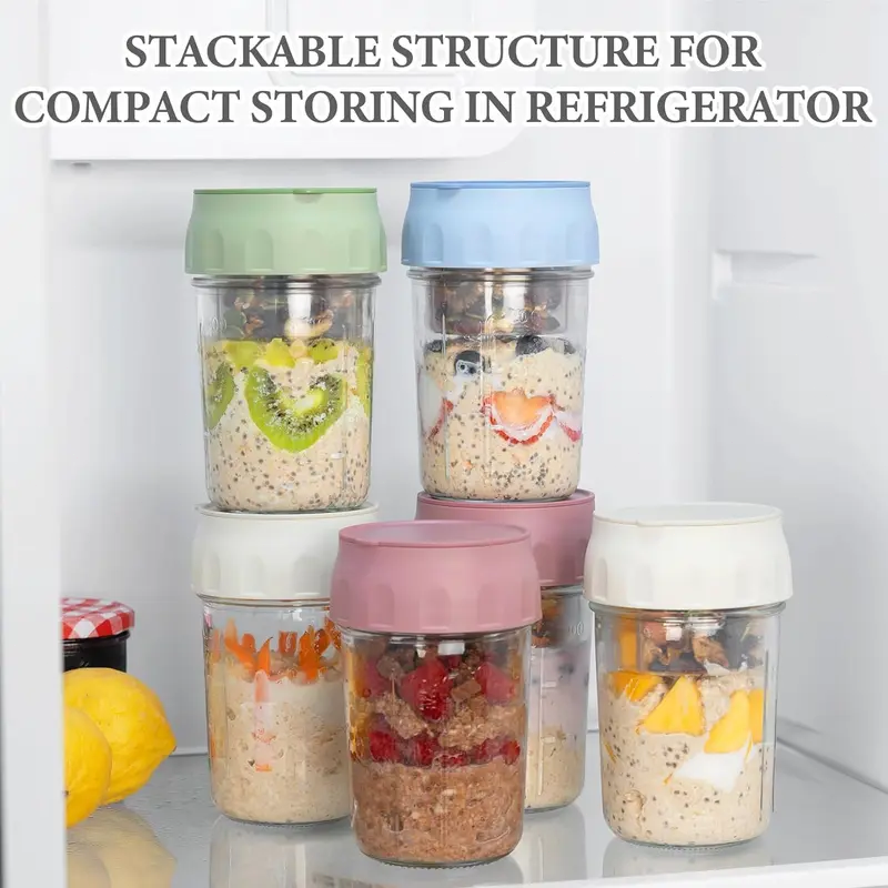 16oz Overnight Oats Containers with Lids & Folding Spoons – Glass Meal Prep Jars with Divided Compartments for Yogurt, Fruit & Snacks