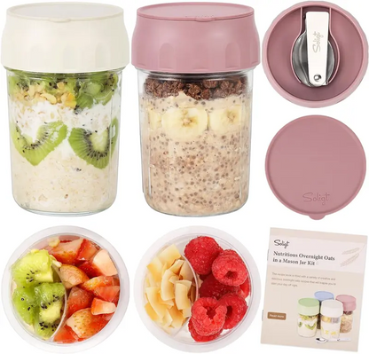 16oz Overnight Oats Containers with Lids & Folding Spoons – Glass Meal Prep Jars with Divided Compartments for Yogurt, Fruit & Snacks