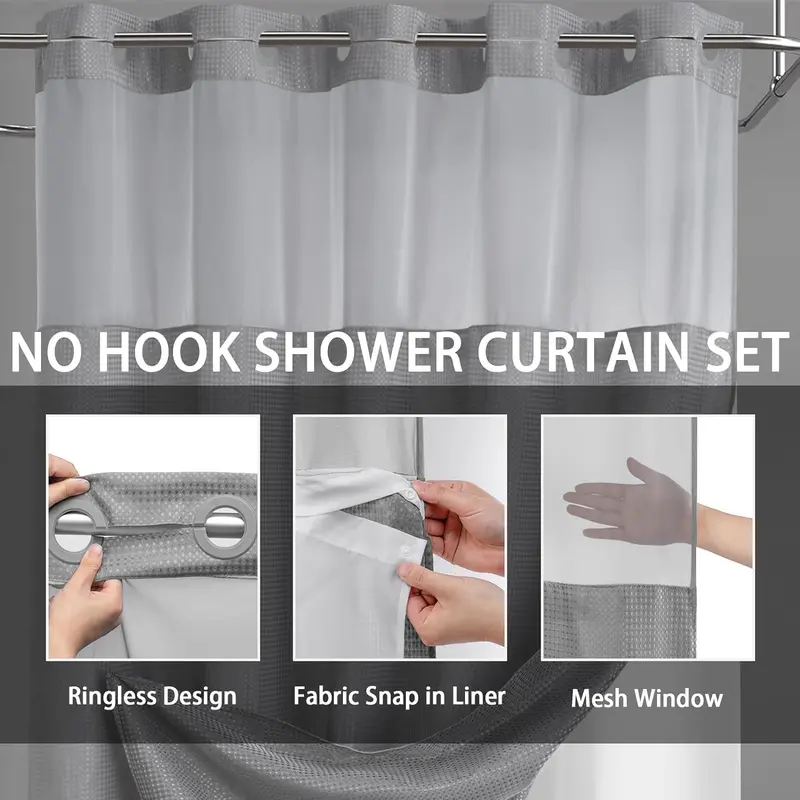 Waffle Weave Shower Curtain with Snap-In Washable Liner, Waterproof Double-Layer Shower Curtain, 72 x 75 Inch, 72 x 81 Inch,72 x 87 Inch