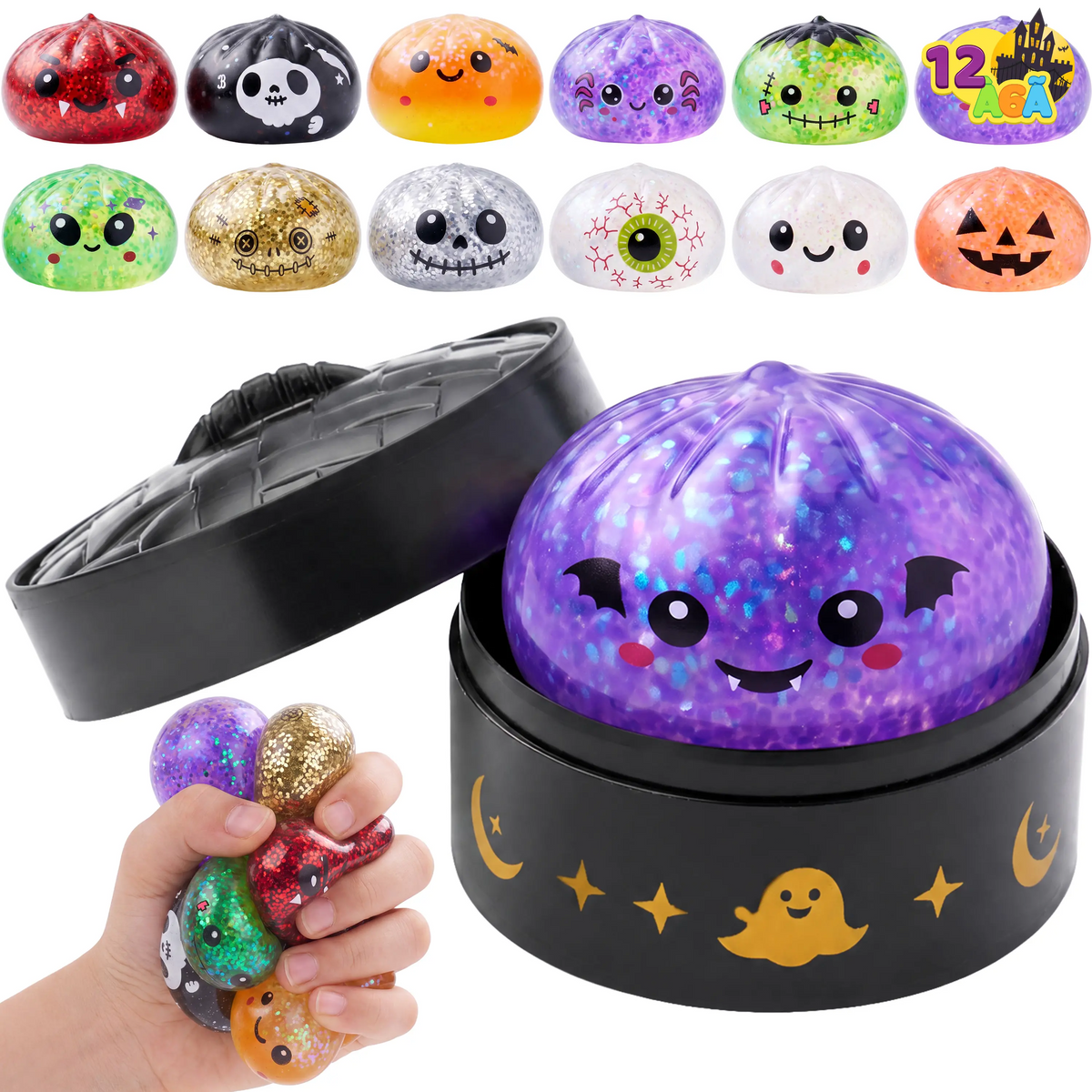 12 Pack Halloween Dumpling Squishy Toys, 5cm Mini Slow-Rebound Stress Relief Sensory Toys with Steamer Storage Box, Cute Pumpkin & Little Devil Designs, Soft Squeeze Fidget Toys for Kids & Adults, Halloween Party Favors, Gifts & Goodie Bag Fillers