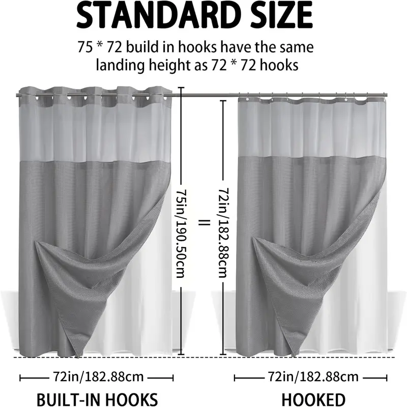 Waffle Weave Shower Curtain with Snap-In Washable Liner, Waterproof Double-Layer Shower Curtain, 72 x 75 Inch, 72 x 81 Inch,72 x 87 Inch