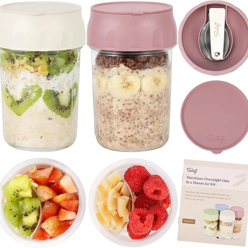 16oz Overnight Oats Containers with Lids & Folding Spoons – Glass Meal Prep Jars with Divided Compartments for Yogurt, Fruit & Snacks