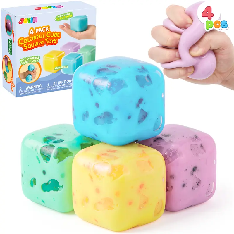4 Pack 2-Inch Stress Relief Cubes, Slow Rising Squishy Fidget Toys, Soft Sensory Squeeze Toys for Kids & Adults, Relaxing Handheld Stress Toys for Home, School, Office, Travel, Birthday Parties, Classroom Rewards, Party Favors & Gift Ideas
