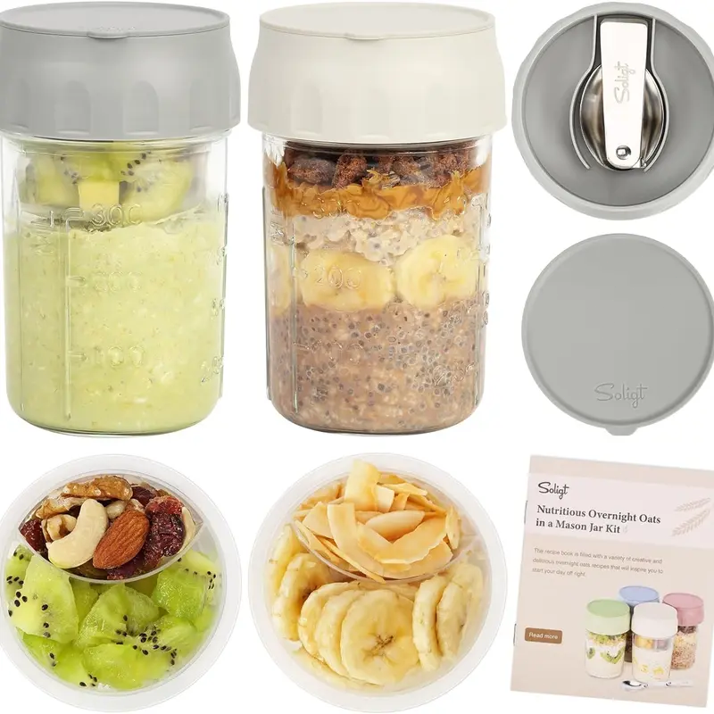 16oz Overnight Oats Containers with Lids & Folding Spoons – Glass Meal Prep Jars with Divided Compartments for Yogurt, Fruit & Snacks