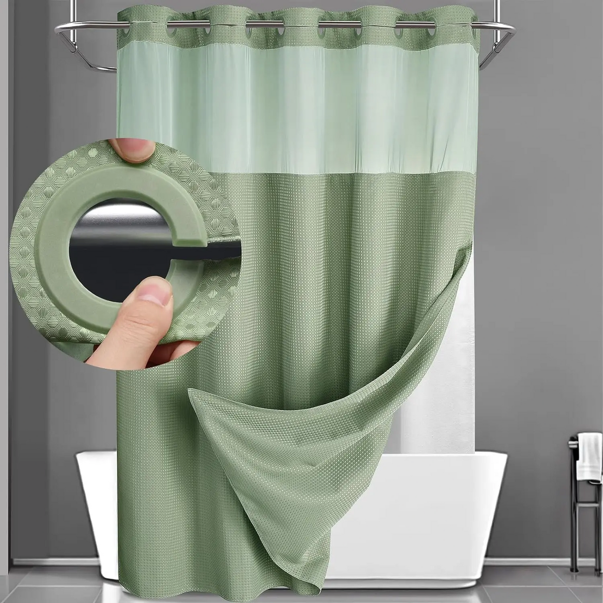 Waffle Weave Shower Curtain with Snap-In Washable Liner, Waterproof Double-Layer Shower Curtain, 72 x 75 Inch, 72 x 81 Inch,72 x 87 Inch