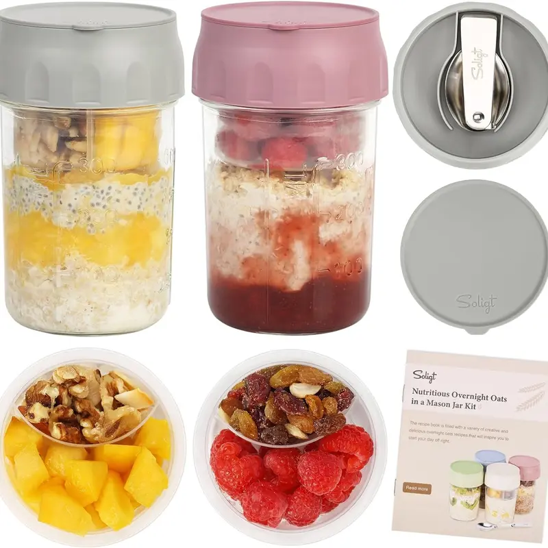 16oz Overnight Oats Containers with Lids & Folding Spoons – Glass Meal Prep Jars with Divided Compartments for Yogurt, Fruit & Snacks