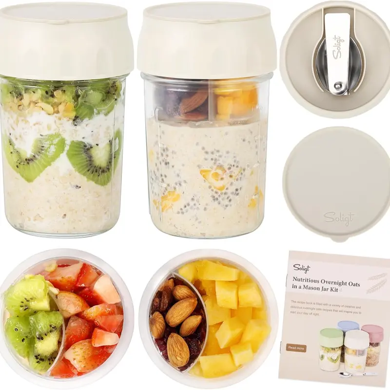 16oz Overnight Oats Containers with Lids & Folding Spoons – Glass Meal Prep Jars with Divided Compartments for Yogurt, Fruit & Snacks