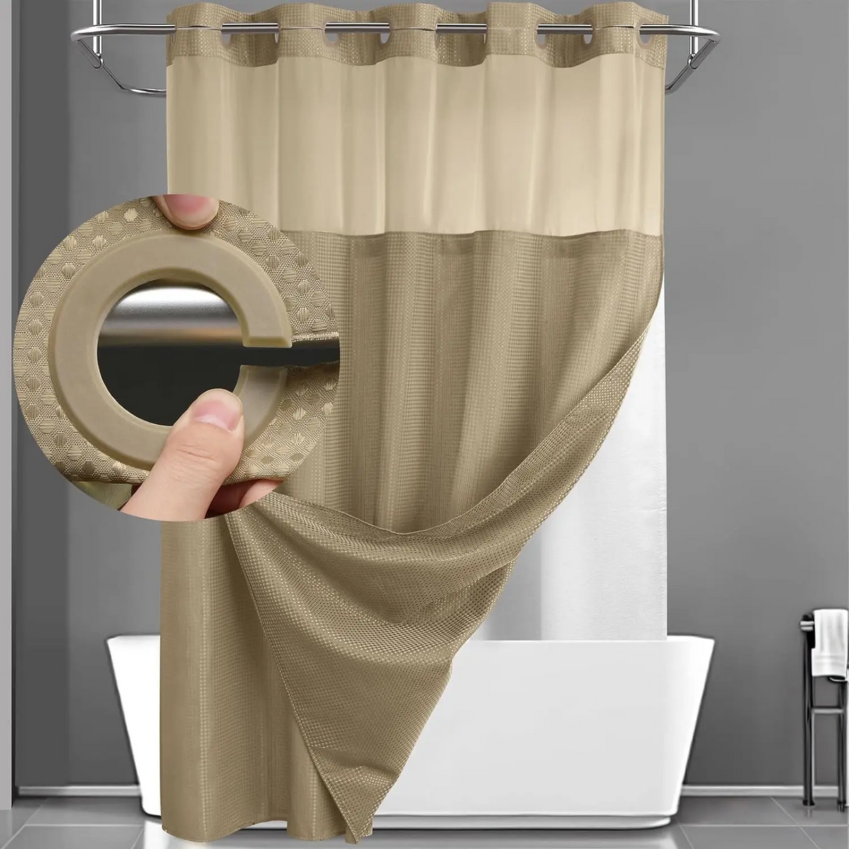 Waffle Weave Shower Curtain with Snap-In Washable Liner, Waterproof Double-Layer Shower Curtain, 72 x 75 Inch, 72 x 81 Inch,72 x 87 Inch