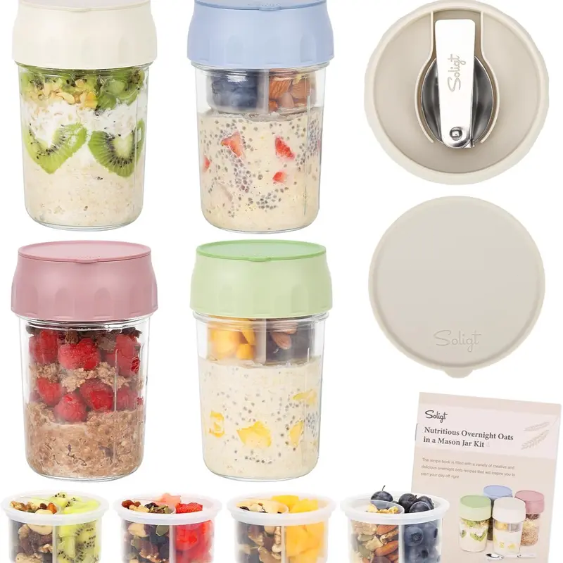 16oz Overnight Oats Containers with Lids & Folding Spoons – Glass Meal Prep Jars with Divided Compartments for Yogurt, Fruit & Snacks