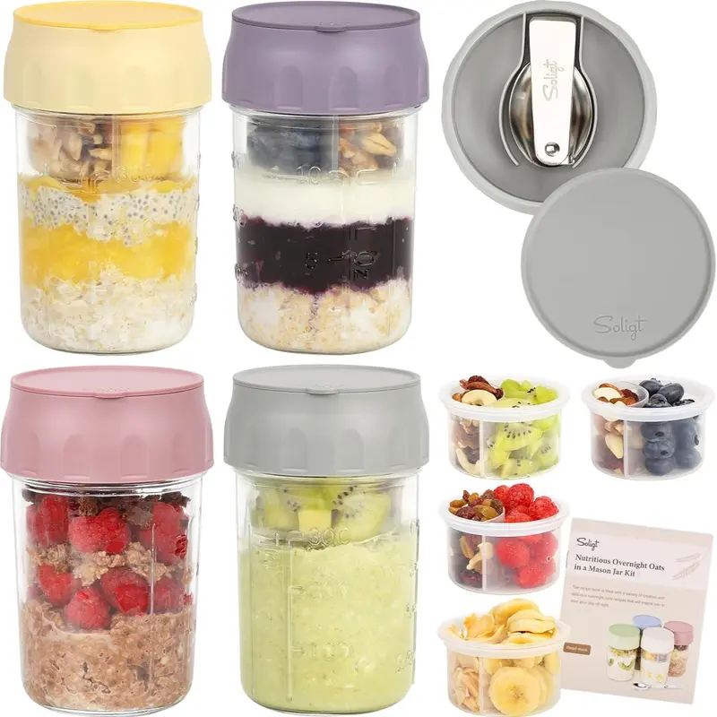 16oz Overnight Oats Containers with Lids & Folding Spoons – Glass Meal Prep Jars with Divided Compartments for Yogurt, Fruit & Snacks