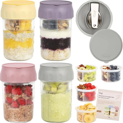 16oz Overnight Oats Containers with Lids & Folding Spoons – Glass Meal Prep Jars with Divided Compartments for Yogurt, Fruit & Snacks