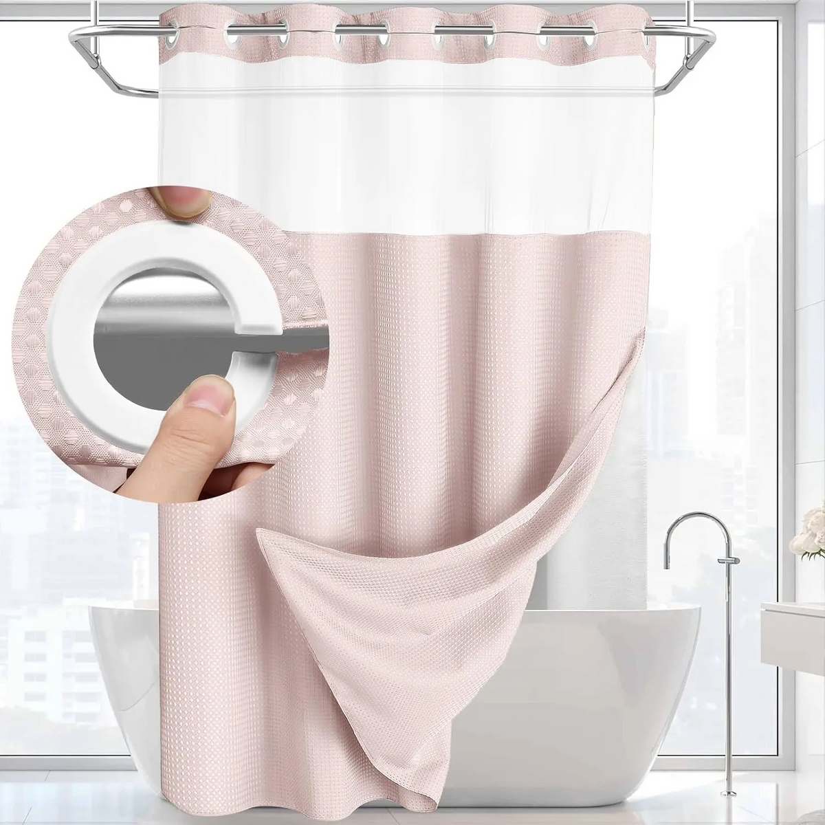 Waffle Weave Shower Curtain with Snap-In Washable Liner, Waterproof Double-Layer Shower Curtain, 72 x 75 Inch, 72 x 81 Inch,72 x 87 Inch