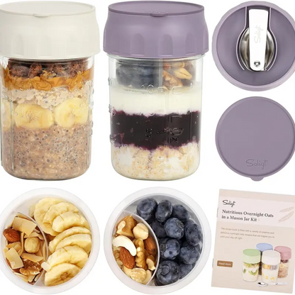 16oz Overnight Oats Containers with Lids & Folding Spoons – Glass Meal Prep Jars with Divided Compartments for Yogurt, Fruit & Snacks