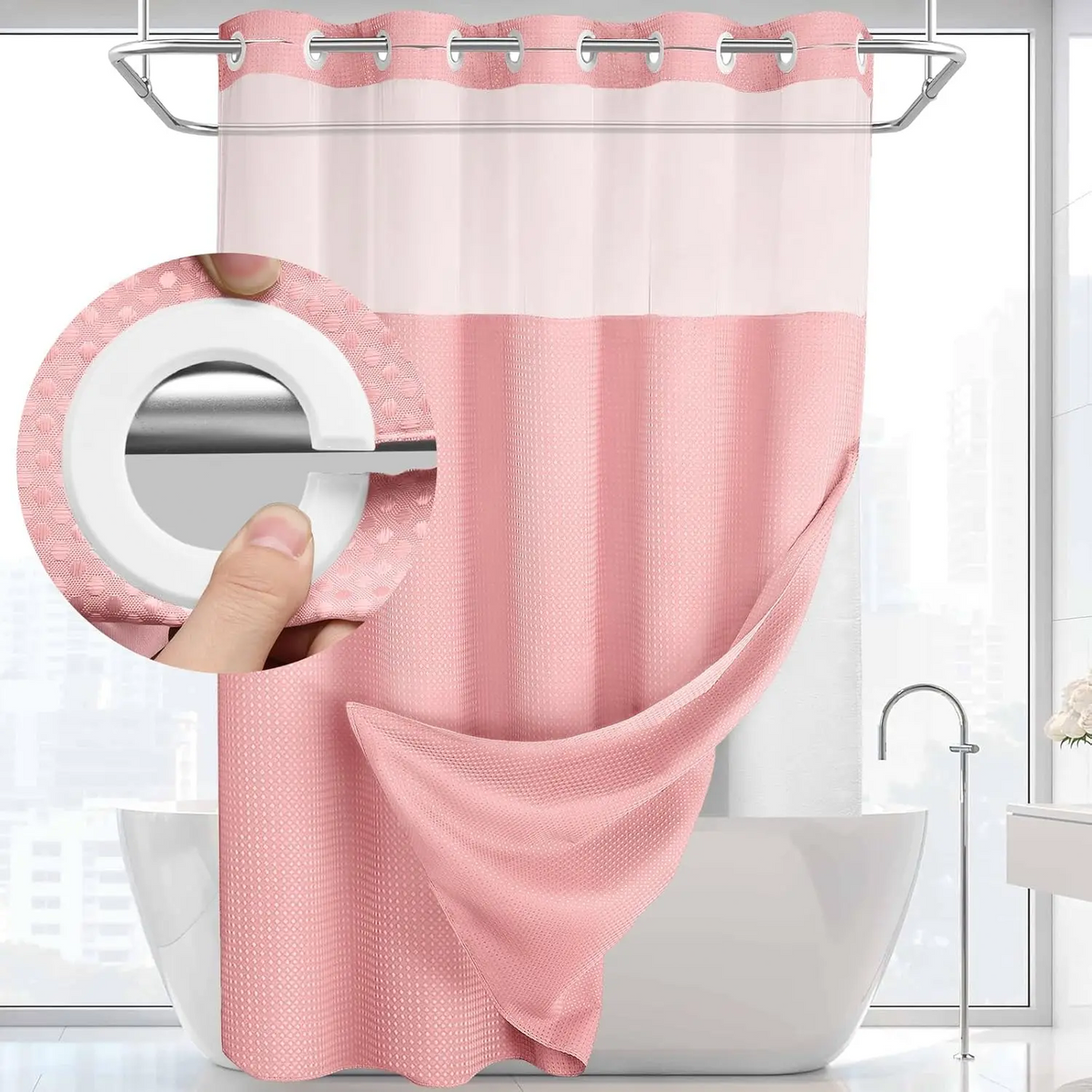 Waffle Weave Shower Curtain with Snap-In Washable Liner, Waterproof Double-Layer Shower Curtain, 72 x 75 Inch, 72 x 81 Inch,72 x 87 Inch