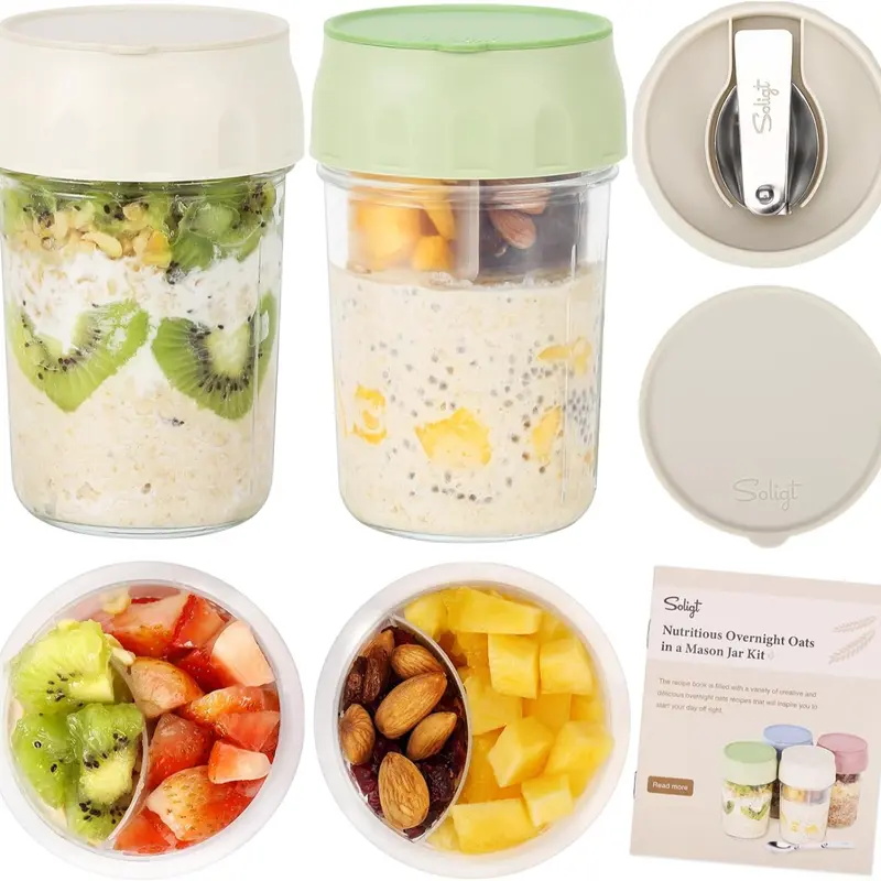 16oz Overnight Oats Containers with Lids & Folding Spoons – Glass Meal Prep Jars with Divided Compartments for Yogurt, Fruit & Snacks