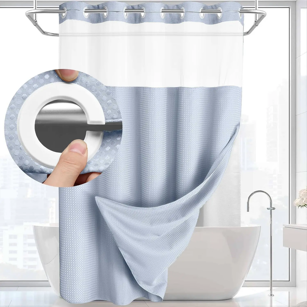 Waffle Weave Shower Curtain with Snap-In Washable Liner, Waterproof Double-Layer Shower Curtain, 72 x 75 Inch, 72 x 81 Inch,72 x 87 Inch
