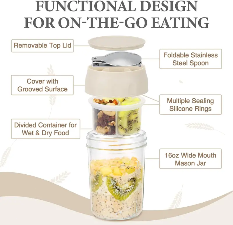 16oz Overnight Oats Containers with Lids & Folding Spoons – Glass Meal Prep Jars with Divided Compartments for Yogurt, Fruit & Snacks