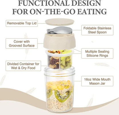 16oz Overnight Oats Containers with Lids & Folding Spoons – Glass Meal Prep Jars with Divided Compartments for Yogurt, Fruit & Snacks