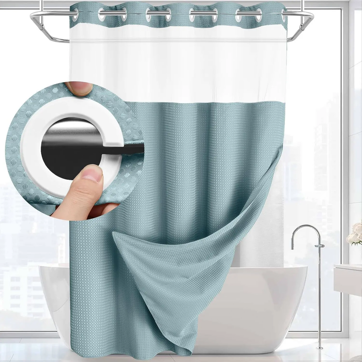 Waffle Weave Shower Curtain with Snap-In Washable Liner, Waterproof Double-Layer Shower Curtain, 72 x 75 Inch, 72 x 81 Inch,72 x 87 Inch
