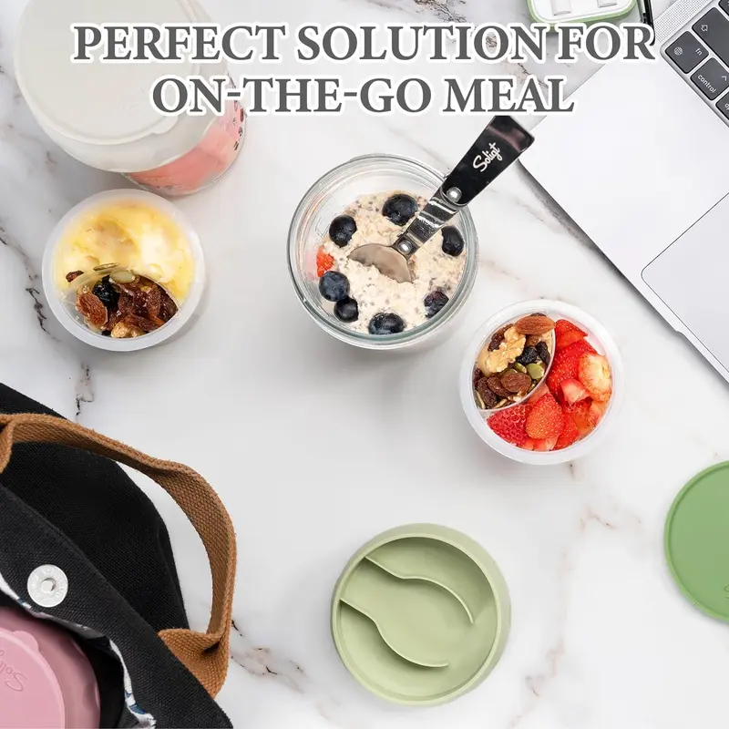16oz Overnight Oats Containers with Lids & Folding Spoons – Glass Meal Prep Jars with Divided Compartments for Yogurt, Fruit & Snacks