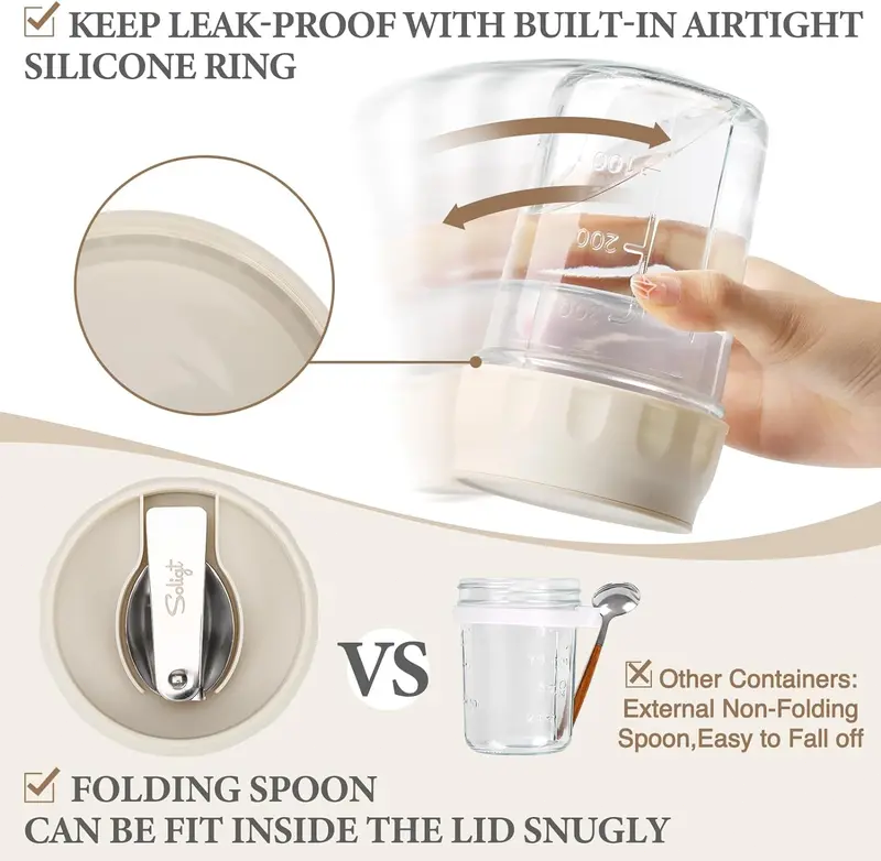 16oz Overnight Oats Containers with Lids & Folding Spoons – Glass Meal Prep Jars with Divided Compartments for Yogurt, Fruit & Snacks
